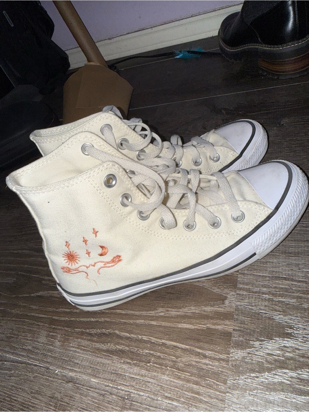 Converse Cream High-Top Sneakers with Orange Sun & Bird Embroidery